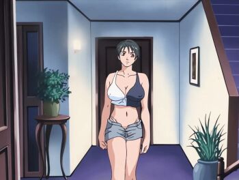 00s 1girl 2001 animated animated_gif bible_black bible_black_night_of_the_walpulgiss black_hair bouncing_breasts breasts brown_eyes covered_erect_nipples female_focus highleg highleg_panties large_breasts midriff minase_yukiko no_bra open_fly panties short_hair short_shorts shorts solo tagme thong unbuttoned underwear unzipped walking white_panties