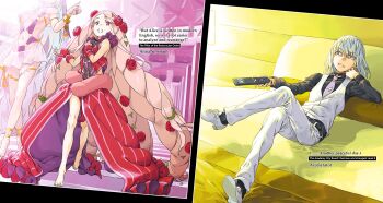 1boy 2girls absurdly_long_hair absurdres accelerator_(toaru_majutsu_no_index) aged_down albino anna_sprengel aradia_(toaru) armlet bare_legs bare_shoulders barefoot big_hair bikini black_choker black_leotard black_shirt blue_hair bracelet breasts capelet character_profile choker cleavage clothing_cutout controller covering_breasts covering_privates cowboy_shot crossed_legs dress dress_flower english_text flower frills full_body gold_bracelet grey_vest haimura_kiyotaka hair_flower hair_ornament hand_in_own_hair hand_on_own_chin hand_on_own_face hand_up highres holding holding_remote_control jewelry large_breasts leotard long_hair looking_at_viewer medium_hair multicolored_leotard multiple_girls nail_polish navel novel_illustration official_art open_mouth out_of_frame oversized_clothes pants pink_eyes pink_hair pinstripe_pattern pinstripe_vest purple_bikini purple_dress purple_eyes purple_nails purple_veil red_eyes red_flower red_leotard red_nails red_rose remote_control revealing_clothes rose rosenkreutz see-through_capelet see-through_clothes see-through_skirt shirt shoelaces shoes sideboob sitting skirt standing stomach striped_clothes striped_vest swimsuit thighlet tiptoes toaru_majutsu_no_index toaru_majutsu_no_index:_genesis_testament toenail_polish toenails underboob veil very_long_hair vest waist_cape walking white_hair white_pants white_shoes witch