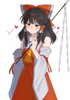 1girl ascot blush bow brown_eyes brown_hair closed_mouth commentary_request detached_sleeves embarrassed frilled_bow frilled_hair_tubes frills gohei hair_bow hair_tubes hakurei_reimu heart highres holding holding_gohei long_hair mati100311 red_bow red_skirt simple_background skirt skirt_set solo sweatdrop touhou white_background yellow_ascot