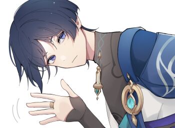 1boy absurdres anemo_symbol_(genshin_impact) aqua_gemstone aqua_kimono black_hair black_sash blue_cape blunt_ends bodysuit bridal_gauntlets cape closed_mouth expressionless eyeliner eyeshadow gem genshin_impact gold gold_ring grey_bodysuit grey_bridal_gauntlets head_down highres japanese_clothes juban kimono light_blush looking_at_viewer makeup male_focus middle_ring open_clothes open_hand open_kimono purple_eyes purple_sash ravel_pszk red_eyeliner red_eyeshadow sash scaramouche_(genshin_impact) solo tsurime vision_(genshin_impact) wanderer_(genshin_impact) waving_hands white_background white_kimono white_trim wispy_bangs