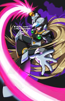 Rule 34 | 1boy, android, armor, black armor, black helmet, black zero (mega man), blonde hair, blue eyes, chest jewel, commentary, energy sword, forehead jewel, full body, gloves, glowing, guutara, helmet, highres, holding, holding sword, holding weapon, instagram username, long hair, looking at viewer, male focus, mega man (series), mega man x (series), ponytail, robot, robot ears, shoulder armor, signature, slashing, smile, solo, sword, symbol-only commentary, twitter username, very long hair, weapon, white gloves, z saber, zero (mega man)
