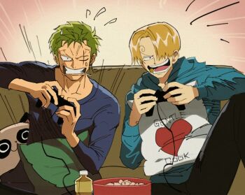 2boys :d blonde_hair candy clenched_teeth competition food game_console green_hair hair_over_one_eye hood hoodie lollipop long_sleeves male_focus multiple_boys one_piece open_mouth playing_games roronoa_zoro runa_(nori31291404) sanji_(one_piece) scar scar_across_eye scar_on_face smile teeth