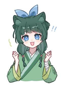 ! !! 1girl :3 :d animal_ear_fluff animal_ears bandaged_arm bandages blue_eyes blue_ribbon cat_ears commentary cropped_torso fang green_hair green_kimono hair_ribbon hands_up highres japanese_clothes kimono kusuriya_no_hitorigoto long_hair long_sleeves looking_at_viewer maomao_(kusuriya_no_hitorigoto) open_mouth ribbon simple_background smile solo white_background wide_sleeves yukomeow