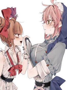 Rule 34 | 2girls, :d, absurdres, ahoge, armpit crease, blue dress, blunt bangs, blush, blush stickers, bow, bowtie, breast press, breasts, collared shirt, commentary request, dededon (2suy aas), dress, eye contact, fang, fingernails, frilled wrist cuffs, frills, from side, green eyes, hand up, highres, holding, holding tray, horn bow, horn ornament, horns, ibuki suika, large breasts, looking at another, multiple girls, okunoda miyoi, open mouth, orange hair, pink hair, puffy short sleeves, puffy sleeves, purple bow, red bow, red bowtie, red eyes, shirt, short sleeves, sideways mouth, simple background, skin fang, sleeveless, sleeveless shirt, smile, sweatdrop, thighs, touhou, tray, upper body, white background, white shirt, white wrist cuffs, wrist cuffs