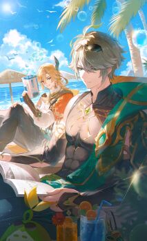 2boys absurdres alhaitham_(genshin_impact) aranara_(genshin_impact) beach blonde_hair book cup drinking_glass earrings feather_hair_ornament feathers genshin_impact grey_hair hair_between_eyes hair_ornament highres holding holding_book isobe47 jewelry kaveh_(genshin_impact) long_hair long_sleeves male_focus marine_day multiple_boys ocean palm_tree reading red_eyes shirt short_hair tree white_shirt