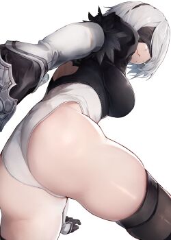 1girl 2b_(nier:automata) absurdres ass back_cutout black_gloves black_hairband blindfold breasts clothing_cutout feather-trimmed_sleeves gloves hairband highres juliet_sleeves katana large_breasts legs leotard long_sleeves megu_(jim48834420) mole mole_under_mouth nier:automata nier_(series) puffy_sleeves short_hair solo square_enix swept_bangs sword thighhighs thighs virtuous_contract weapon wedgie white_hair white_leotard