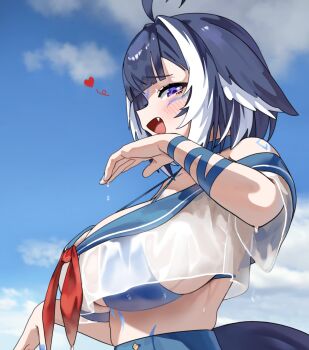 1girl ahoge animal_ears arm_ribbon black_hair blue_ribbon blue_sailor_collar blue_sky blush bow bowtie breasts cloud commentary covered_underboob crop_top crop_top_overhang cropped_shirt day english_commentary fang from_side gurumie hand_up heart highres indie_virtual_youtuber large_breasts looking_at_viewer looking_to_the_side multicolored_hair off_shoulder open_mouth outdoors purple_eyes raised_inner_eyebrows red_bow red_bowtie ribbon sailor_collar sailor_shirt school_uniform see-through_clothes see-through_shirt shirt shylily sideways_glance sky solo streaked_hair upper_body virtual_youtuber water_drop wet wet_clothes wet_shirt white_shirt white_streaks