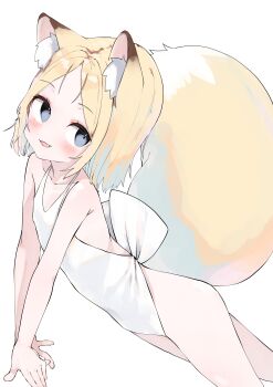 Rule 34 | 1girl, :3, absurdres, animal ear fluff, animal ears, blonde hair, blue eyes, cowboy shot, fang, flat chest, fox ears, fox girl, fox tail, gingerbullet, halterneck, highres, light blush, looking to the side, medium hair, one-piece swimsuit, open mouth, original, parted bangs, simple background, smile, solo, swimsuit, tail, white background, white one-piece swimsuit