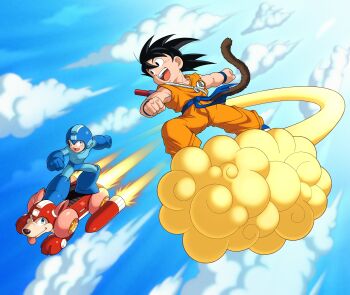 Rule 34 | 2boys, absurdres, black eyes, black hair, blue helmet, brown tail, clenched hands, cloud, commentary, crossover, diegodoodles, dougi, dragon ball, dragon ball (classic), english commentary, flying nimbus, full body, goku day, green eyes, helmet, highres, male focus, mega man (character), mega man (classic), mega man (series), midair, monkey tail, multiple boys, non-humanoid robot, orange pants, orange shirt, pants, riding, robot, robot animal, robot dog, rush (mega man), shirt, son goku, spiked hair, standing, tail