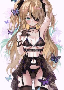 1girl armpits black_bra black_gloves black_panties blonde_hair blush bow bow_bra bow_panties bra breasts bud bug butterfly buttons choker collar cross eyepatch fischl_(genshin_impact) flower garter_belt garter_straps genshin_impact gloves green_eyes hair_bow hand_on_own_chest hand_on_own_head highres insect lace lace-trimmed_bra lace-trimmed_thighhighs lace_panties lace_trim leaf long_hair looking_at_viewer medium_breasts navel open_mouth panties pink_flower saya_(mychristian2) see-through_clothes see-through_skirt shadow simple_background skinny skirt solo standing suspender_skirt suspenders thighhighs twintails twintails_with_hair_base underboob underwear white_background