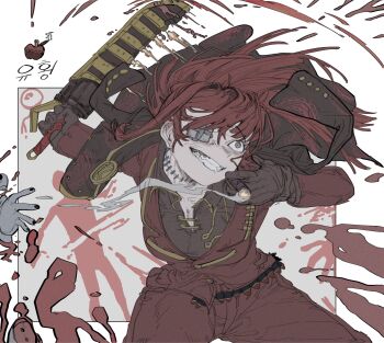 1girl absurdres ammunition_belt battle brown_gloves brown_shirt cigar clenched_teeth coat coat_on_shoulders collared_shirt commentary_request cosplay floating_hair gauze gauze_over_eye gloves gold_trim grin gunblade highres holding holding_cigar holding_sword holding_weapon jacket korean_commentary lapels lei_heng_(project_moon) lei_heng_(project_moon)_(cosplay) limbus_company long_hair long_sleeves notched_lapels pants project_moon red_hair red_jacket red_pants shirt smile solo stitched_neck stitches sword teeth user_vdfv8273 weapon yuri_(project_moon)