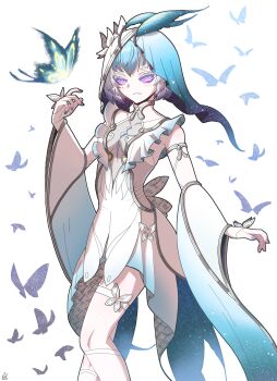 1girl antennae armlet arthropod_girl bioluminescence blue_hair blue_nails blue_sleeves blue_tattoo blue_veil breasts breasts_apart bridal_gauntlets bug chest_tattoo colored_bangs colored_eyelashes commentary cowboy_shot crosshatching detached_sleeves dress english_commentary frilled_dress frills fusion glowing godzilla:_king_of_the_monsters godzilla_(series) gradient_clothes gradient_dress gradient_hair grin hand_up hatching_(texture) highres insect insect_girl jewelry kaiju legendary_pictures light_blush long_sleeves looking_at_viewer mole mole_under_eye monsterverse moth moth_antennae moth_girl mothra mothra_(monsterverse) multicolored_hair notsirwendigo parted_lips personification plunging_neckline purple_eyes see-through_cleavage see-through_clothes shorekeeper_(wuthering_waves) short_dress short_hair silver_armlet simple_background sleeveless sleeveless_dress small_breasts smile solid_eyes solo standing starry_sky_print tattoo thigh_strap toho two-tone_veil v-bangs veil white_background white_bridal_gauntlets white_dress white_eyelashes white_hair white_veil wide_sleeves wuthering_waves