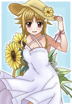 Rule 34 | 1girl, bare shoulders, blonde hair, blue background, blush, breasts, cleavage, collarbone, dot nose, dress, fate 0529 , fate testarossa, feet out of frame, female focus, flower, flower on hat, hat, highres, long hair, looking at viewer, lyrical nanoha, mahou shoujo lyrical nanoha, open mouth, simple background, solo, sunflower