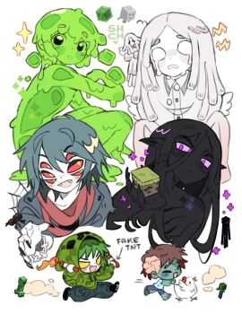 5girls androgynous arthropod_girl bird black_hair black_skin block_(minecraft) brain chasing chibi chicken chicken_(minecraft) child claws closed_eyes colored_sclera colored_skin commentary creeparka creeper crying enderman english_commentary english_text explosive exposed_brain extra_eyes fangs genderswap genderswap_(otf) ghast green_hair green_skin grey_hair highres hood hood_up insect_girl long_hair looking_at_viewer minecraft monster_girl multiple_girls personification pointy_ears purple_eyes red_sclera reference_inset sharpycharot short_hair slime_(minecraft) slime_girl solid_eyes spider_(minecraft) spider_girl tnt white_background white_hair white_skin yellow_eyes zombie zombie_(minecraft)