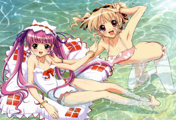 2girls absurdres agnes_boulange ahoge armpits ass barefoot bikini blonde_hair blush butt_crack feet flat_chest hair_ribbon hat highres innertube jewelry legs loli long_hair minette multiple_girls non-web_source nyantype official_art okayama_shinako one-piece_swimsuit open_mouth pink_eyes pink_hair ribbon short_hair shukufuku_no_campanella side-tie_bikini_bottom sunglasses swim_ring swimsuit thigh_gap twintails very_long_hair water