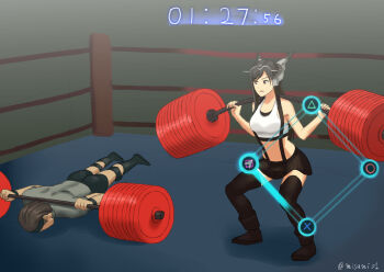 1boy 1girl black_footwear black_hair black_skirt black_thighhighs boots cosplay exercising final_fantasy final_fantasy_vii final_fantasy_vii_remake headgear kantai_collection long_hair lying misumi_(niku-kyu) nagato_(kancolle) on_stomach parody quick_time_event shirt shorts skirt suspender_skirt suspenders thighhighs tifa_lockhart tifa_lockhart_(cosplay) timer twitter_username weightlifting