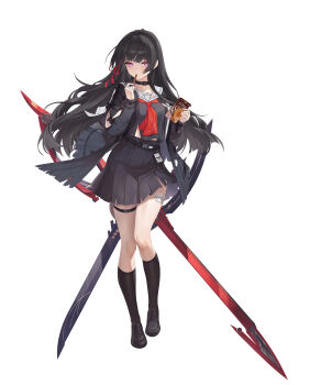 Rule 34 | 1girl, absurdres, arm cutout, birkai, black choker, black hair, black shirt, black skirt, black socks, breasts, chisa (wuthering waves), choker, clothing cutout, commentary request, eating, food, full body, hair ribbon, highres, holding, holding food, holding pocky, id card, long hair, long sleeves, looking at viewer, medium breasts, neckerchief, pocky, red eyes, red neckerchief, red ribbon, ribbon, sailor collar, shirt, simple background, skirt, socks, solo, tacet mark (wuthering waves), thigh strap, white background, white sailor collar, wuthering waves