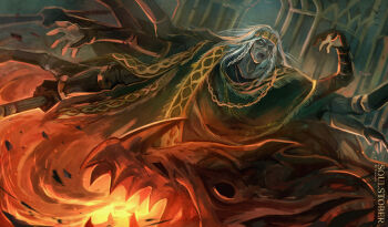 1boy absurdres artist_name boss_fight commentary elden_ring english_commentary extra_arms fire godrick_the_grafted highres inktober long_hair male_focus old old_man solo standing temmaru1 white_hair