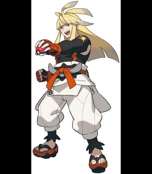 1boy :d artist_request blonde_hair clenched_hand colored_eyelashes dougi gloves highres holding holding_poke_ball ivor_(pokemon) karate_gi long_hair looking_ahead male_focus mole mole_under_mouth muscular muscular_male nintendo official_art open_mouth outstretched_arm pants partially_fingerless_gloves poke_ball pokemon pokemon_legends:_z-a red_eyes sandals smile solo teeth third-party_source transparent_background upper_teeth_only white_pants
