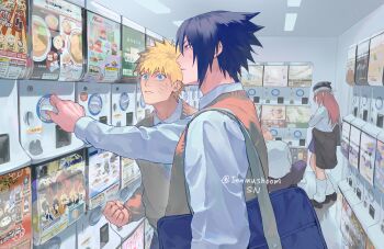 1girl 2boys bag bandaged_head bandages black_hat blonde_hair blue_bag blue_hair blue_skirt brown_sweater_vest clenched_hand clothes_around_waist collared_shirt crossed_arms facial_mark gashapon hair_between_eyes hat highres jenmushroom light_frown long_hair loose_socks multiple_boys pink_hair pleated_skirt school_uniform shirt shirt_around_waist short_hair shoulder_bag skirt socks spiked_hair sweatdrop sweater_vest tayuya_(naruto) twitter_username uchiha_sasuke uzumaki_naruto whisker_markings white_shirt white_socks