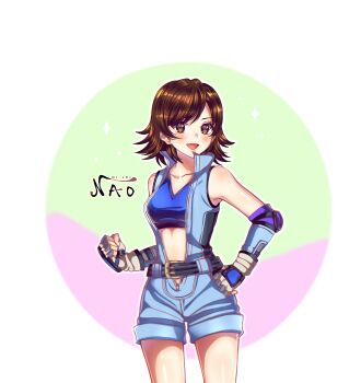 1girl :d absurdres artist_name artist_self-insert bare_shoulders belt blue_jacket blue_shirt boots breasts brown_eyes brown_hair cosplay crop_top elbow_gloves elbow_pads fingerless_gloves gloves hand_on_own_hip highres jacket kazama_asuka kazama_asuka_(cosplay) medium_breasts mole mole_under_eye naochiarts open_mouth original pink_background shirt short_hair sleeveless sleeveless_jacket smile solo standing standing_on_one_leg tekken two-tone_background white_background white_gloves