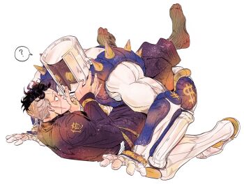 1boy ? bad_id bad_pixiv_id black_hair dora1130 facial_mark grey_hair jojo_no_kimyou_na_bouken male_focus messy_hair nijimura_okuyasu no_shoes ribbed_legwear spoken_question_mark stand_(jojo) the_hand_(stand)