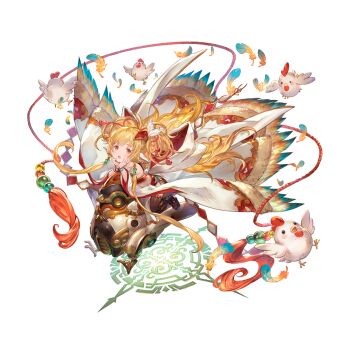 1girl animal_ears bandeau bare_shoulders bird blonde_hair boots breasts cape chibi chicken earrings feathers flying granblue_fantasy hair_ornament harvin head_on_hand jewelry knee_boots long_hair looking_at_viewer machine mahira_(granblue_fantasy) minaba_hideo non-humanoid_robot official_art red_eyes robot robot_animal simple_background sitting small_breasts thighhighs transparent_background wide_sleeves