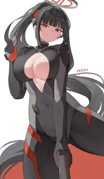1girl absurdres artist_name black_bodysuit black_hair black_halo blue_archive blunt_bangs bodysuit breasts bright_pupils cleavage commentary_request cowboy_shot dddm gun hair_ornament halo hand_up handgun highres holding holding_gun holding_magazine_(weapon) holding_weapon impossible_bodysuit impossible_clothes large_breasts latex latex_bodysuit long_hair looking_at_viewer m1911 magazine_(weapon) multicolored_halo official_alternate_costume official_alternate_hairstyle open_bodysuit open_clothes parted_lips ponytail red_eyes ringed_eyes rio_(armed)_(blue_archive) rio_(blue_archive) sidelocks simple_background skin_tight solo standing standing_on_one_leg two-tone_halo very_long_hair weapon white_background white_pupils