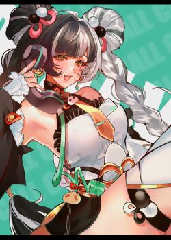 1girl absurdres ahoge aqua_nails armpits bare_shoulders black_hair black_shorts braid braided_twintails china_dress chinese_clothes collarbone commentary corded_phone detached_sleeves dialyn_(zenless_zone_zero) double_bun dress earrings english_commentary english_text green_background hair_bun hair_intakes hair_ornament hairclip highres holding holding_phone id_card jewelry long_hair multicolored_hair multicolored_nails necktie open_mouth phone red_nails shorts siiii_0s solo sparkling_eyes split-color_hair thighhighs white_dress white_hair white_thighhighs yellow_eyes yellow_necktie zenless_zone_zero