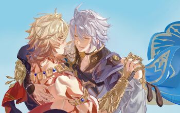 Rule 34 | 2boys, absurdres, antenna hair, arm tattoo, armlet, armor, black choker, black coat, black shirt, blonde hair, blue cape, braid, cape, chest tattoo, chinese commentary, choker, clawed gauntlets, closed eyes, coat, commentary request, facial tattoo, gold necklace, gradient hair, hand on another's back, highres, holding hands, honkai: star rail, honkai (series), jewelry, male focus, medium hair, multicolored hair, multiple boys, mydei (honkai: star rail), neck tattoo, necklace, open clothes, open coat, parted bangs, pauldrons, phainon (honkai: star rail), red cape, red hair, red tattoo, shirt, short hair, shoulder armor, side braid, side cape, single pauldron, sun symbol, sun tattoo, tan, tattoo, white coat, white hair, wochaoyongde66791, yaoi, yellow eyes