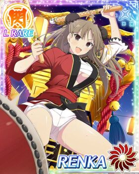 1girl :d ahoge border breasts brown_eyes brown_hair bun_cover card_(medium) character_name chest_sarashi cleavage double_bun drum drumming drumsticks earrings game_cg hair_bun holding holding_drumsticks instrument jewelry large_breasts lightning_ahoge long_hair navel night official_art open_mouth parted_bangs red_happi renka_(senran_kagura) sarashi senran_kagura senran_kagura_new_wave shorts smile solo summer_festival sweat taiko_drum taiko_sticks white_shorts