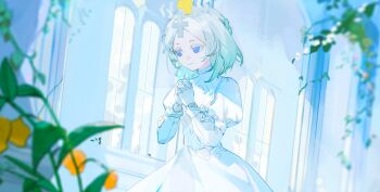 Rule 34 | 1girl, blue dress, blue eyes, blue hair, blurry, blurry background, blurry foreground, church, commentary, cross, dress, flower, highres, indoors, long sleeves, looking at object, makagi2, multicolored hair, original, own hands together, parted bangs, plant, praying, puffy sleeves, ribbon, short hair, solo, standing, untranslatable commentary, upper body, white dress, white hair, window