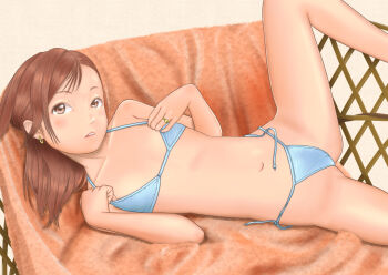 1girl artist_request bikini blue_bikini blush breasts brown_eyes brown_hair collarbone earrings female_focus flat_chest jewelry lips loli long_hair looking_at_viewer lying model navel on_back parted_lips ring side-tie_bikini_bottom small_breasts solo spread_legs swimsuit tagme uzuki_mei
