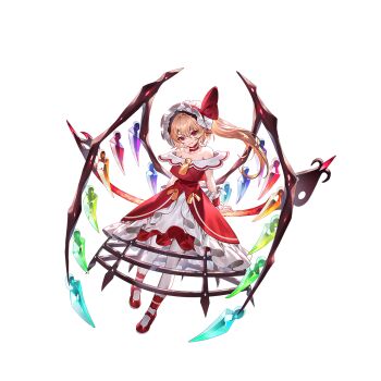 1girl alternate_costume bare_shoulders blonde_hair choker collarbone crystal crystal_wings flandre_scarlet frilled_hairband frills full_body game_cg hairband highres laevatein_(touhou) looking_at_viewer mary_janes multicolored_wings non-web_source off-shoulder_shirt off_shoulder official_art one_side_up pantyhose red_choker red_eyes red_shirt red_shoes red_skirt second-party_source shirt shoes skirt smile solo touhou touhou_gensou_eclipse transparent_background u_u_zan white_hairband white_pantyhose wings wrist_cuffs