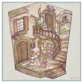 1boy 2girls animal balloon bear blue_hat chigu closed_mouth commentary_request dog door dress fence floorplan green_dress green_hair hand_up hat highres holding holding_animal holding_balloon lantern multiple_girls original plant potted_plant rabbit short_hair short_sleeves sitting stairs standing striped_clothes striped_dress thick_eyebrows white_hair window