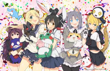 5girls :3 absurdres ahoge animal animal_ear_fluff animal_ears animal_hands animal_on_head ascot asuka_(senran_kagura) bear_ears bear_girl bear_paws bebe-tan bell black_ascot black_hair black_pantyhose black_ribbon black_sailor_collar black_serafuku black_skirt blonde_hair blue_eyes blue_sailor_collar blue_skirt blunt_bangs blush blush_stickers bow breasts brown_eyes brown_fur cat cat_ears cat_girl cat_paw cat_tail clothes_lift collar collarbone confetti covering_own_mouth cowboy_shot crown dog_ears dog_girl dog_paws dog_tail dolphin elephant elephant_ears floppy_ears frilled_skirt frills frog fur-trimmed_gloves fur_gloves fur_trim gessen_academy_school_uniform gloves gradient_background green_eyes grey_hair groin hair_between_eyes hair_bow hair_ornament hair_ribbon hairclip hamster hanzou_academy_school_uniform hebijo_academy_school_uniform heterochromia highres holding holding_animal holding_stuffed_toy incredibly_absurdres jingle_bell joints large_breasts leaf leaf_hair_ornament leaf_on_head long_hair long_sleeves looking_at_viewer low_twintails luka_(senran_kagura) marvelous midriff mini_crown miniskirt multiple_girls murasaki_(senran_kagura) navel ninto_(senran_kagura) official_alternate_costume official_alternate_hairstyle official_art on_head one_eye_closed open_mouth pantyhose party_popper pink_background pink_gloves pleated_skirt ponytail purple_eyes purple_hair rabbit rabbit_ears rabbit_girl rabbit_tail raccoon_ears raccoon_girl raccoon_tail red_scarf ribbon robot robot_joints ryouna_(senran_kagura) sailor_collar scarf school_uniform senran_kagura senran_kagura_peach_ball senran_kagura_shinovi_versus senran_kagura_shoujo-tachi_no_shin'ei serafuku shiny_skin shirt short_hair short_ponytail short_sleeves short_tail shy skirt skirt_lift smile standing star_(symbol) star_print streamers stuffed_animal stuffed_toy tail tail_raised tanuki teddy_bear teeth thigh_gap tongue twintails upper_teeth_only very_long_hair white_bow white_ribbon white_sailor_collar white_shirt yaegashi_nan yellow_background yomi_(senran_kagura) yumi_(senran_kagura)