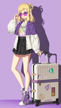 1girl :p artist_name artist_request bare_legs black_choker black_skirt blonde_hair blush braid breasts brown_eyes choker clothes_writing corsetman cross-laced_footwear crown_braid dolphin_print earrings female_focus full_body glasses green_eyes green_nails hair_rings high_heels highres holding_glasses jacket jewelry looking_at_viewer love_live! love_live!_sunshine!! nail_(hardware) nail_polish ohara_mari parted_lips purple_background purple_nail_polish purple_nails purple_shoes rolling_suitcase shirt shoes short_hair skirt smile solo standing suitcase tongue tongue_out upper_body white_shirt yellow_eyes