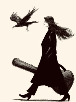 1girl animal bird black_dress black_hair coat crow dress full_body greyscale guitar high_heels highres holding holding_guitar holding_instrument instrument long_hair looking_to_the_side monochrome original solo tp_p_pt trench_coat white_background