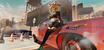 Rule 34 | 1girl, absurdres, black jacket, black skirt, black thighhighs, black tube top, blonde hair, breasts, burnice white, car, commentary request, crop top, eyewear on head, highres, jacket, large breasts, motor vehicle, open clothes, open jacket, open mouth, orange-tinted eyewear, outdoors, red-tinted eyewear, red car, red eyes, renyikouminhe, skirt, smile, spiked belt, spiked jacket, strapless, sunglasses, thighhighs, tinted eyewear, tube top, twintails, zenless zone zero