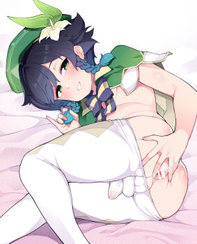 1boy anus ass blue_hair blush bulge censored censored_anus genshin_impact gradient_hair green_eyes green_hat hat highres large_variant_set long_hair looking_at_viewer male_focus multicolored_hair nyakkuru penis shota small_penis solo spread_anus testicles textless_version thighhighs trap variant_set venti_(genshin_impact)