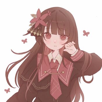 1girl black_hair black_shirt blunt_bangs bug butterfly collared_shirt commentary_request flower hair_flower hair_ornament hand_up insect long_hair long_sleeves looking_at_viewer mahou_shoujo_no_majo_saiban necktie nikaido_hiro red_butterfly red_eyes red_flower red_necktie sechia_(sechiart) shirt simple_background solo upper_body white_background