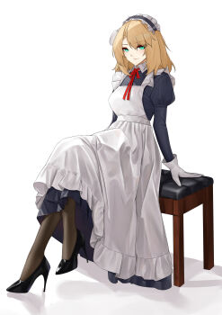 1girl absurdres apron aqua_eyes arm_support arms_behind_back black_dress black_pantyhose black_shoes blonde_hair breasts casperrin centaureissi_(girls&#039;_frontline_2) closed_mouth crossed_legs dress full_body g36_(girls&#039;_frontline) girls&#039;_frontline girls&#039;_frontline_2:_exilium gloves high_heels highres lips long_hair long_sleeves looking_at_viewer maid maid_apron maid_headdress neck_ribbon pantyhose red_ribbon ribbon shoes sitting solo white_apron white_background white_gloves