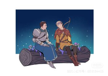 Rule 34 | 2boys, arm armor, armor, armored gloves, belt, blonde hair, blue background, blue skirt, blush, border, bow (weapon), breastplate, brown belt, brown gloves, brown hair, brown pantyhose, brown shoes, cape, commentary, copyright request, cosplay, dragon age, elf, english commentary, fingerless gloves, full body, gloves, gradient background, head wreath, jacket, kingdom come: deliverance ii, light particles, log, looking at another, male focus, multiple boys, mushroom, nose, pantyhose, parted lips, pointy ears, profile, red cape, sabaton, shoes, short hair, shoulder armor, sitting, skirt, smile, tworain w, watermark, weapon, weibo username, weibo watermark, white border, yellow jacket