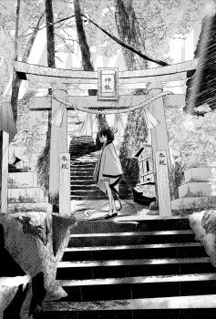 1girl animal_ears black_hair blue_archive cat_ears cat_girl forest from_behind halo haori highres japanese_clothes kikyou_(blue_archive) looking_at_viewer looking_back looking_down monochrome multiple_tails nature scenery short_hair socks solo stairs standing suecovsky tail torii two_tails white_socks