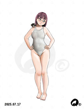 1girl animal animal_on_shoulder barefoot breasts brown_hair cat cat_on_shoulder competition_swimsuit covered_navel dated full_body glasses hands_on_own_hips one-piece_swimsuit original q98780409 small_breasts solo standing swimsuit white_background white_one-piece_swimsuit