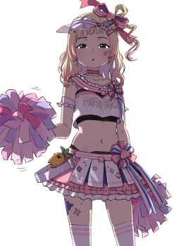 1girl :o arm_garter armband black_sports_bra blonde_hair blunt_bangs bow bow_skirt character_charm charm_(object) cheerleader choker clothes_writing commentary_request crop_top cropped_shirt frilled_armband frilled_choker frilled_shirt frilled_skirt frills gradient_hair green_eyes hair_ornament hair_ribbon hair_rings hairclip hat highres holding holding_pom_poms hololive layered_skirt long_hair looking_at_viewer miniskirt momosuzu_nene momosuzu_nene_(cheerleader) multicolored_hair navel nekko_(momosuzu_nene) official_alternate_costume one_side_up open_mouth pink_choker pink_hair pink_hat pink_ribbon pink_sash pink_skirt pom_pom_(cheerleading) pom_poms rainna ribbon sash shirt sidelocks sideways_hat simple_background single_hair_ring skirt solo sports_bra sports_bra_peek standing sticker sticker_on_face sticker_on_leg stomach tank_top tattoo thighhighs virtual_youtuber visor_cap white_background white_tank_top white_thighhighs