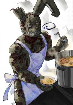 ... 1boy animal_ears animatronic apron bow bowl cooking cooking_pot eva0951120 five_nights_at_freddy's five_nights_at_freddy's_3 food hashtag-only_commentary highres holding holding_bowl holding_ladle ladle rabbit_ears red_pupils springtrap stew stove white_apron white_background white_bow