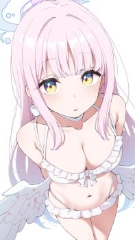 1girl arms_behind_back bare_shoulders bikini blue_archive blue_hair blush breasts choker cleavage collarbone commentary_request feathered_wings frilled_bikini frills gradient_hair halo highres long_hair looking_at_viewer low_wings medium_breasts mika_(blue_archive) mika_(swimsuit)_(blue_archive) multicolored_hair nagami_yuu navel parted_lips pink_hair simple_background solo standing swimsuit very_long_hair white_background white_bikini white_choker white_wings wings yellow_eyes