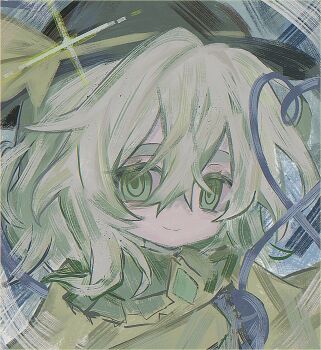 1girl bags_under_eyes black_hat blue_background buttons collared_shirt diamond_button empty_eyes green_eyes green_hair hair_between_eyes hashtag-only_commentary hat hat_ribbon komeiji_koishi long_sleeves looking_at_viewer muted_color pipipi_chamu portrait ribbon shirt short_hair smile solo sparkle thick_eyebrows third_eye touhou wavy_hair yellow_ribbon yellow_shirt