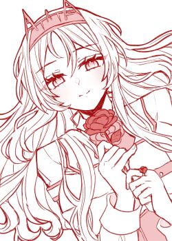 Rule 34 | 1girl, blush, closed mouth, commentary, eyelashes, flower, hair between eyes, headgear, highres, holding, holding flower, jewelry, kantai collection, long hair, long sleeves, monochrome, nagi kantai114, nelson (kancolle), red theme, ring, simple background, solo, symbol-only commentary, upper body